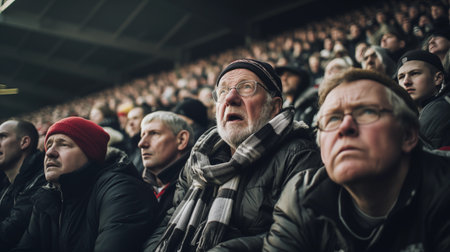 Concentrated anxious looking football fans waiting score goal football at stadium. Generative AIの素材