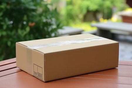 Zero waste food carton parcel, cardboard package on home wooden table. Home delivery, distribution and e-commerce business concept. Generative AIの素材