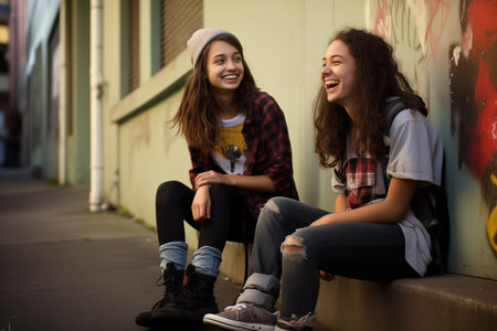 Two teenage girls talking and laughing while sitting sidewalk on street. Young female friends sharing happy time together. Generative AIの素材