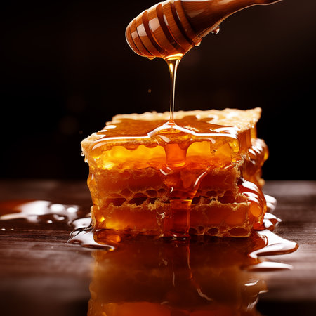 Composition with fresh honey in honeycombs and dipper wooden spoon. Apiary sweet food production. Generative AIの素材
