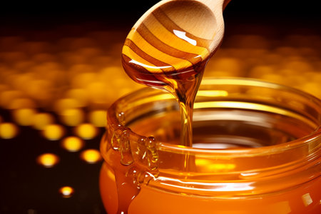 Honey jar and honey pouring from dipper. Natural organic dessert production and merchandise. Generative AIの素材