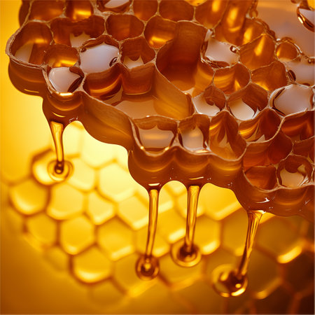Gold honey in honeycomb macro view. Yellow cells with sweet syrup. Organic natural ingredients. Generative AIの素材
