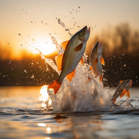 River fish splashing jumping out of water over sunset sky. Generative AIの素材