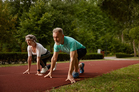 Senior couple running on track together outdoor at natural parkの写真素材