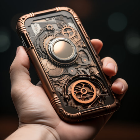 Human hand holding old vintage mobile phone in steampunk engineering style with mechanical gear cogwheels design. Generative AIの素材
