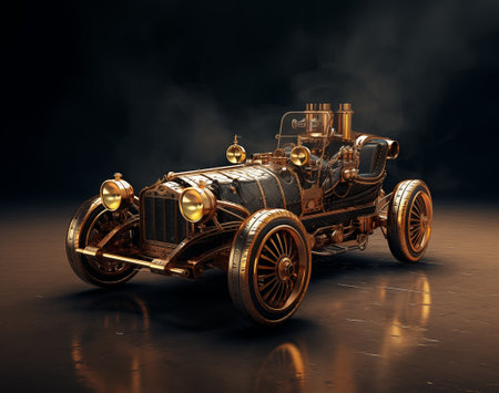 Vintage steampunk car with brass and metal mechanic parts. Fantasy art, Victorian culture. Generative AIの素材