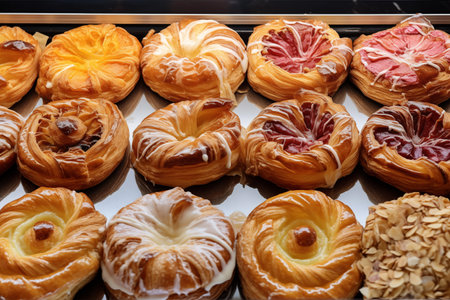 Showcase with fresh bakery. Delicious cream buns for snack. Generative AIの素材
