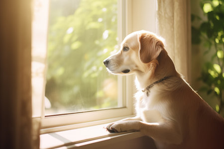 Dog labrador looking at window. Pensive animal observing the garden. Generative AIの素材