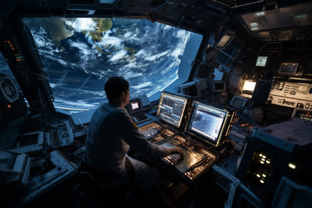 Astronaut sitting front of control panel in cockpit driving shuttle or satellite station in outer space. Interplanetary mission. Generative AIの素材