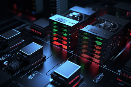 Server equipment for massive data connection. Network units in cloud service of network data center. Generative AIの素材