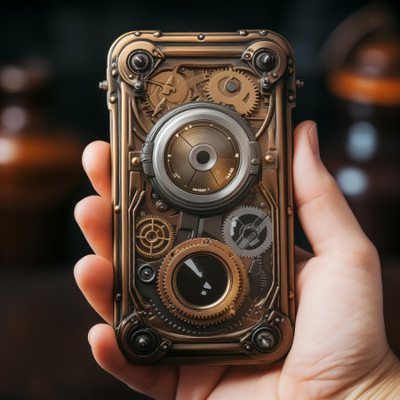Human hand holding old mobile phone in steam punk engineering style with mechanical gear cogwheels design. Generative AIの素材