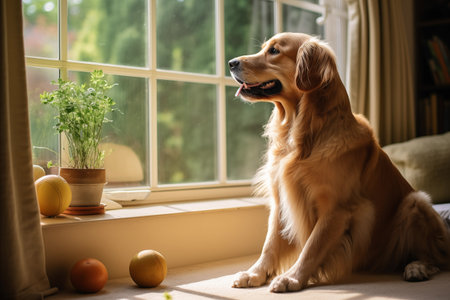 Dog labrador looking at window. Pensive animal observing the garden. Generative AIの素材