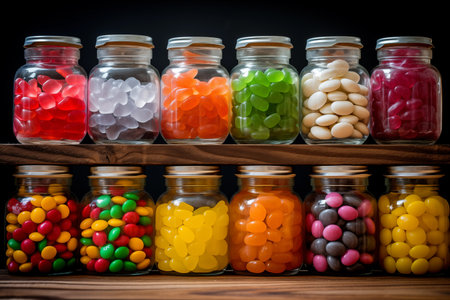 Assortment of different candies in jars on shelves. Tasty sweets different colors. Generative AIの素材