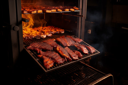 Grilled beef meat on fire. Roasted meat with spices for dinner. Generative AIの素材