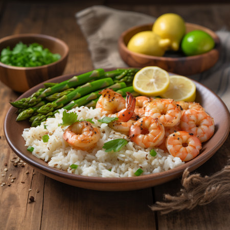Rice with shrimps and asparagus in plate. Tasty asian food on table. Delicious lunch. Generative AIの素材