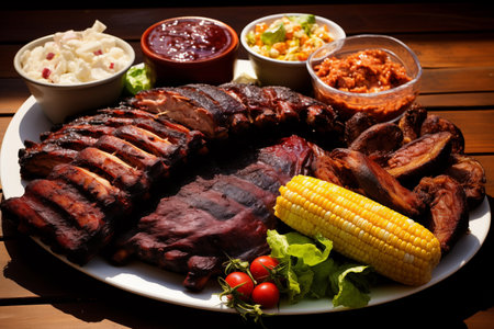 Set of meat cooked in smoker with vegetables and sauces. Appetizing summer meal on table outdoor. Generative AIの素材