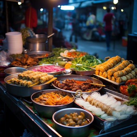Asian food for sale at night street. Different tasty meals on market outdoor. Generative AIの素材