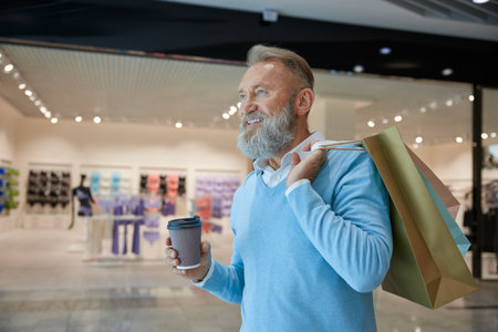 Handsome elegant elderly man with shopping bags in city mallの写真素材