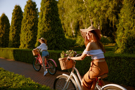 Stunning young females riding bicycle and having fun in urban parkの写真素材