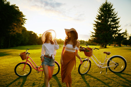 Two young casual women enjoying summer evening sunset in parkの写真素材