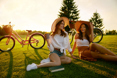 Two young hipster women taking rest coffee break after bike raceの写真素材