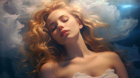 Closeup view on happy young sleeping woman covered with magic smoke generative aiの素材