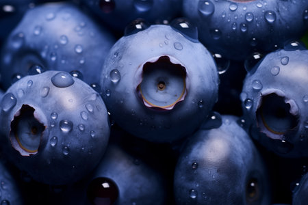 Top view of blueberry with droplets. Healthy blue berries in heap. Generative AIの素材