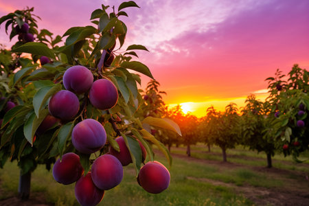 Branch of purple plums at sunset. Tasty fruit harvest on tree. Generative AIの素材