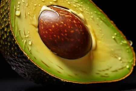 Half of avocado with droplets closeup. Healthy popular green fruit with seeds on black background. Generative AIの素材