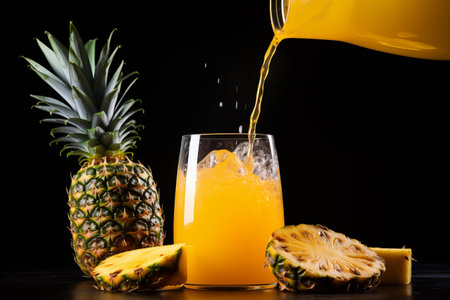 Glass of fresh splashing pineapple juice. Juicy exotic drink on black background. Generative AIの素材