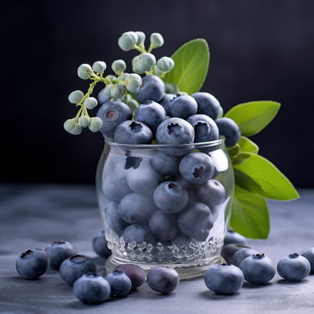 Blueberry with leaves overflowing glass. Ripe yummy blue berries. Generative AIの素材