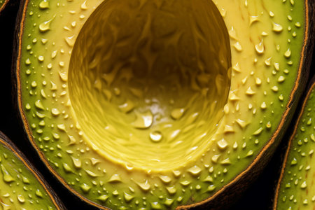 Half of avocado closeup view. Healthy popular green fruit without seeds. Generative AIの素材