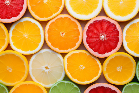 Top view of colorful citrus slices. Grapefruit, orange and lime. Tasty exotic fruits. Generative AIの素材