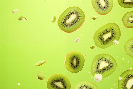 Levitating kiwi slices on green background with splashes. Tropical fruit on white background. Generative AIの素材