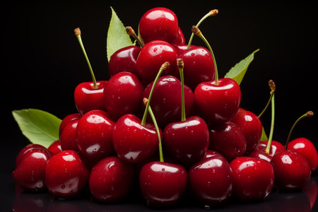 Heap of cherries on black. Tasty berries in front view. Generative AIの素材