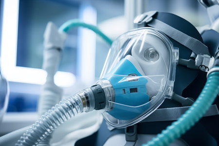 Breathing oxygen mask for people reanimation in ambulance car. Apparatus for resuscitation or anesthesia. Generative AIの素材