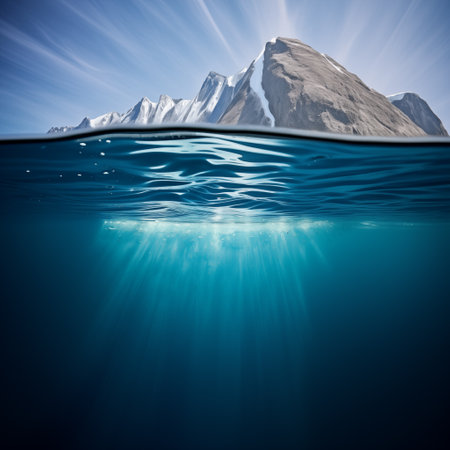 Snowy mountain ridge and calm turquoise water surface. Natural landscape, atmospheric meditative scenery. Generative AIの素材