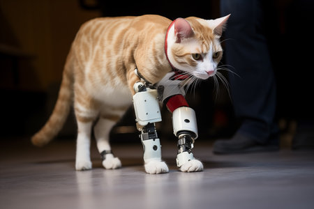 Cute cat with bionic prosthetic paws implants. Kitten domestic animal with robotic limbs. Pet recovery and rehabilitation. Generative AIの素材