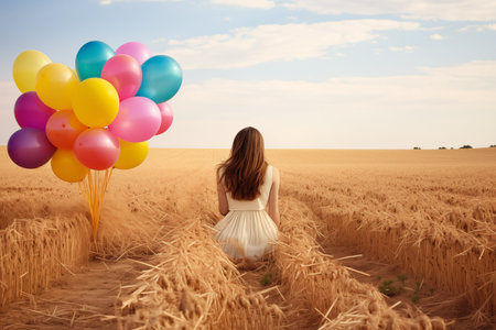 Young woman with balloons bunch over natural field background back view. Birthday congratulation and celebration. Generative AIの素材