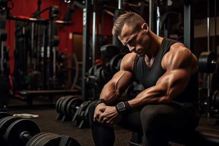 Pensive exhausted muscular man suffering breakdown to overcome sitting on bench at gym. Demotivation and stress sport. Generative AIの素材