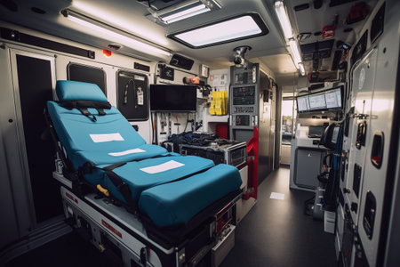 Ambulance car indoor with emergency medical devices and equipment for first aid. Generative AIの素材