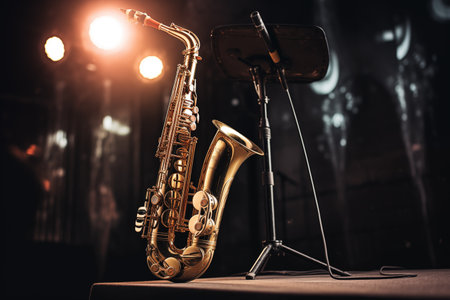 Saxophone wind musical instrument on stage with spotlight and romantic smoke. Jazz music performance on theater scene. Generative AIの素材