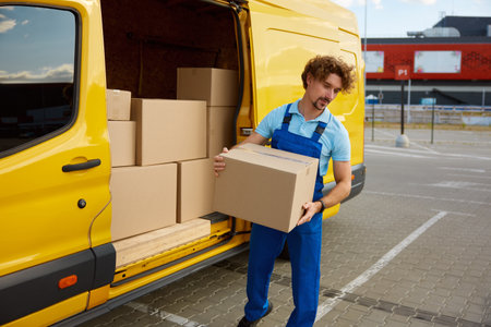 Young deliveryman carrying cardboard box unloading minivan on street