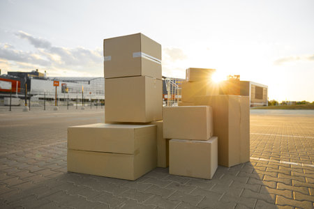 Parcel boxes stack on street city waiting for house moving service