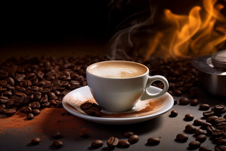 Freshly brewed steaming coffee in porcelain cup and scattered beans. Generative AIの素材