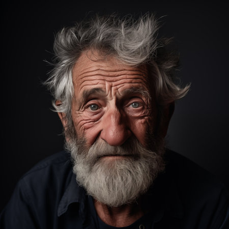 Portrait of gray haired sad senior man with kind eyes. Generative AIの素材
