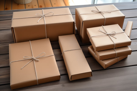 Parcels wrapped in natural packing materials on wooden table. Cardboard box with gifts for holidays. Generative AIの素材