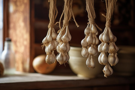 Bunches of white raw dried garlic in countryside. Healthy vegetable indoor. Summer harvest. Generative AIの素材