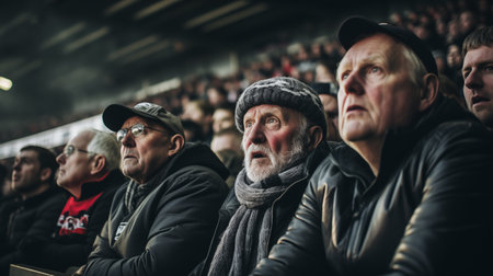 Concentrated looking football fans waiting score goal football at stadium. Generative AIの素材