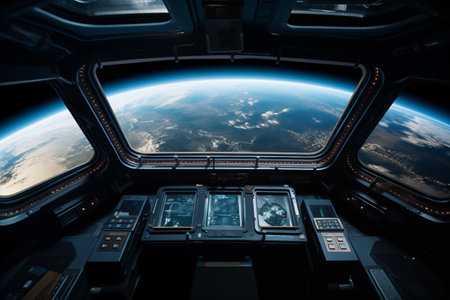Spaceship cockpit interior with control panel for driving and view on beautiful planet earth surface in outer space from large window. Generative AIの素材